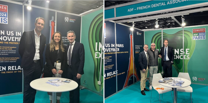 Les Docteurs Elissa Gzaiel et Didier Castagna, gagnants d'une entrée au Congrès AEEDC Dubaï 2024 lors du Congrès ADF 2023, accueillis à Dubai sur le stand de l'Association dentaire française par les secrétaires généraux de l'ADF Julien Laupie et Doniphan Hammer