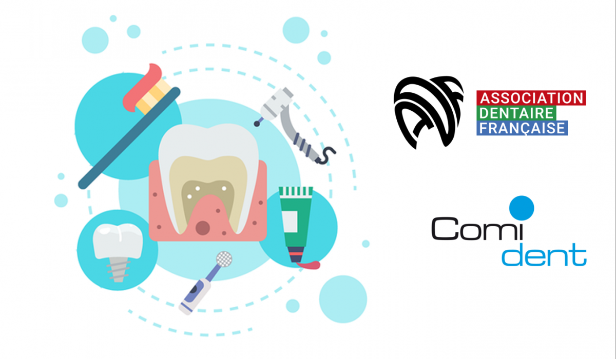 Les logos de l'ADF et du Comident cotoient un visuel représentant les soins bucco-dentaires : fraise, brosse à dent, prothèse dentaire, dentitrice, dent en coupe dans la gencive ...
