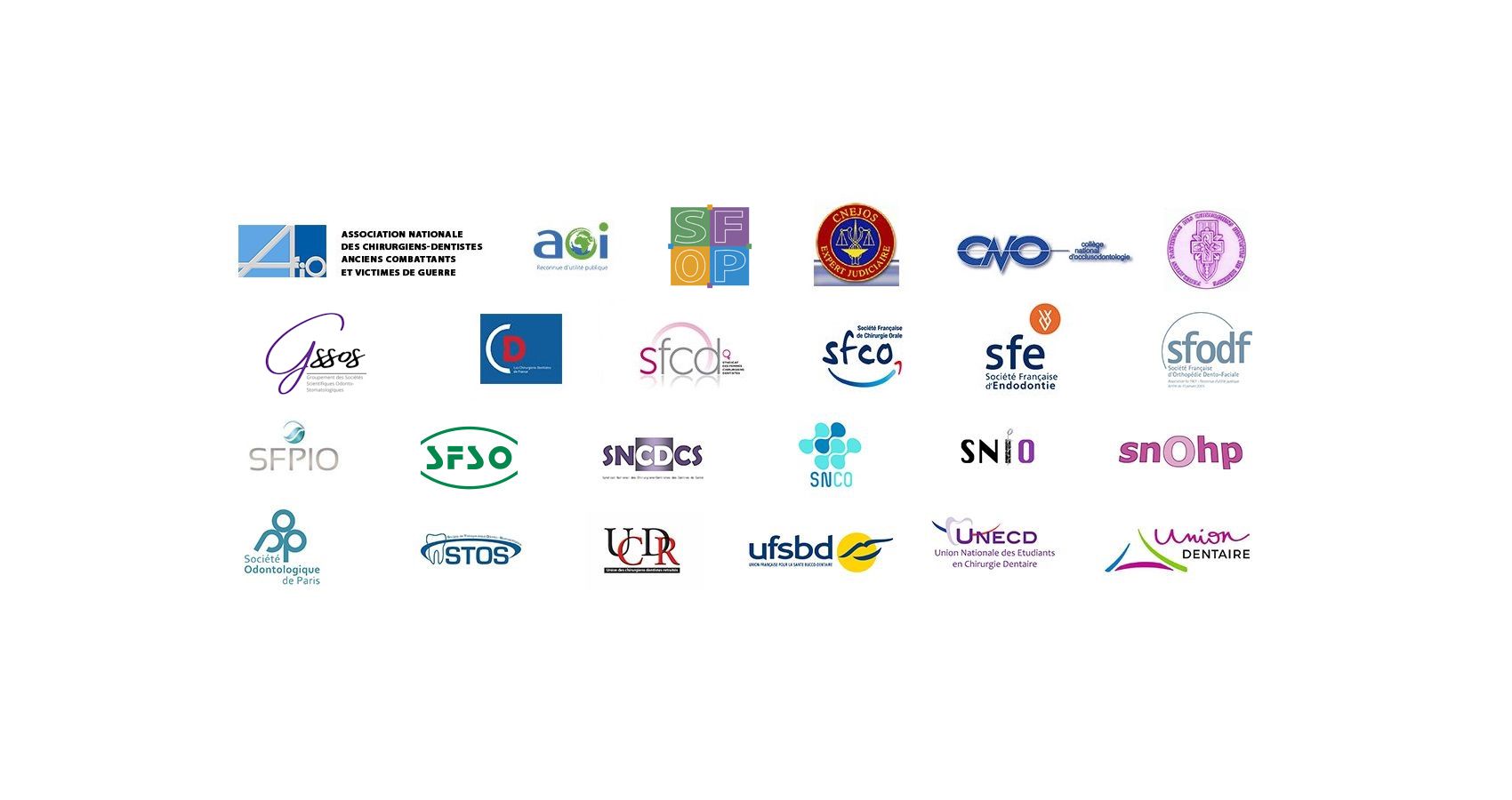 Logos des 25 associations dentaires membres de l'ADF en juin 2021
